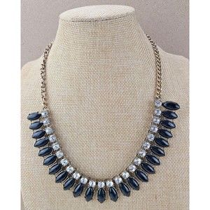 J CREW Bold  Black Resin  Clear Crystal Glass  Necklace Round Marquis 18"